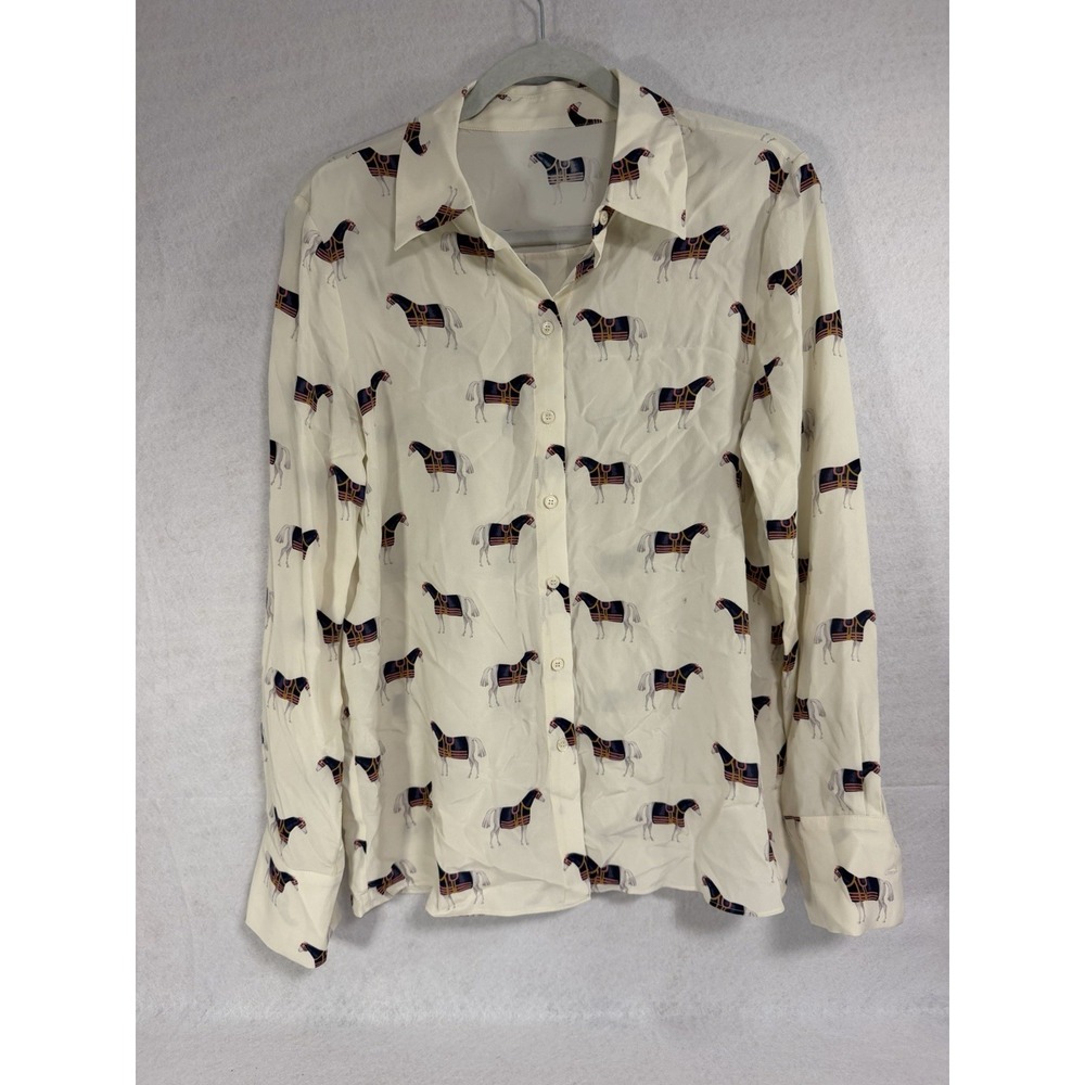 100% Silk Equestrian Horse Print Blouse Shirt Cream Long Sleeve Boutique Size M